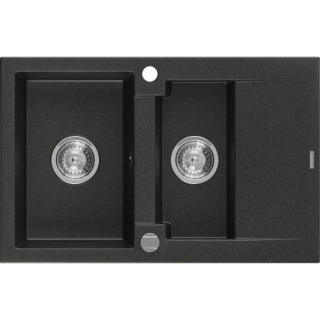 Mexen Gaspar granite sink 1.5-bowl with drainer 737 x 475 mm, black/gold metallic, chrome siphon - 6507731505-75