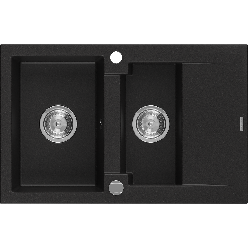 Mexen Gaspar 1.5-bowl granite sink with drainer 737 x 475 mm, black, chrome siphon - 6507731505-77