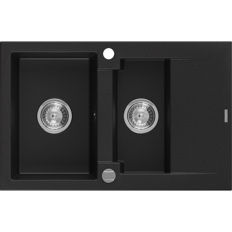 Mexen Gaspar granite sink 1.5-bowl with drainer 737 x 475 mm, black, chrome siphon - 6507731505-77