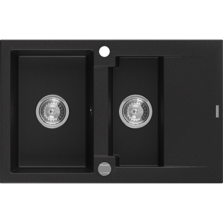 Mexen Gaspar 1.5-bowl granite sink with drainer 737 x 475 mm, black, chrome siphon - 6507731505-77