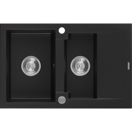 Mexen Gaspar granite sink 1.5-bowl with drainer 737 x 475 mm, black, chrome siphon - 6507731505-77