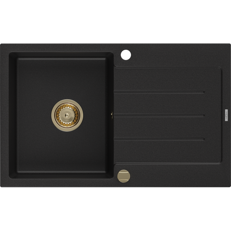 Mexen Bruno 1-compartment granite sink with a drip tray 795 x 495 mm, Black, siphon Gold - 6513791010-77-G