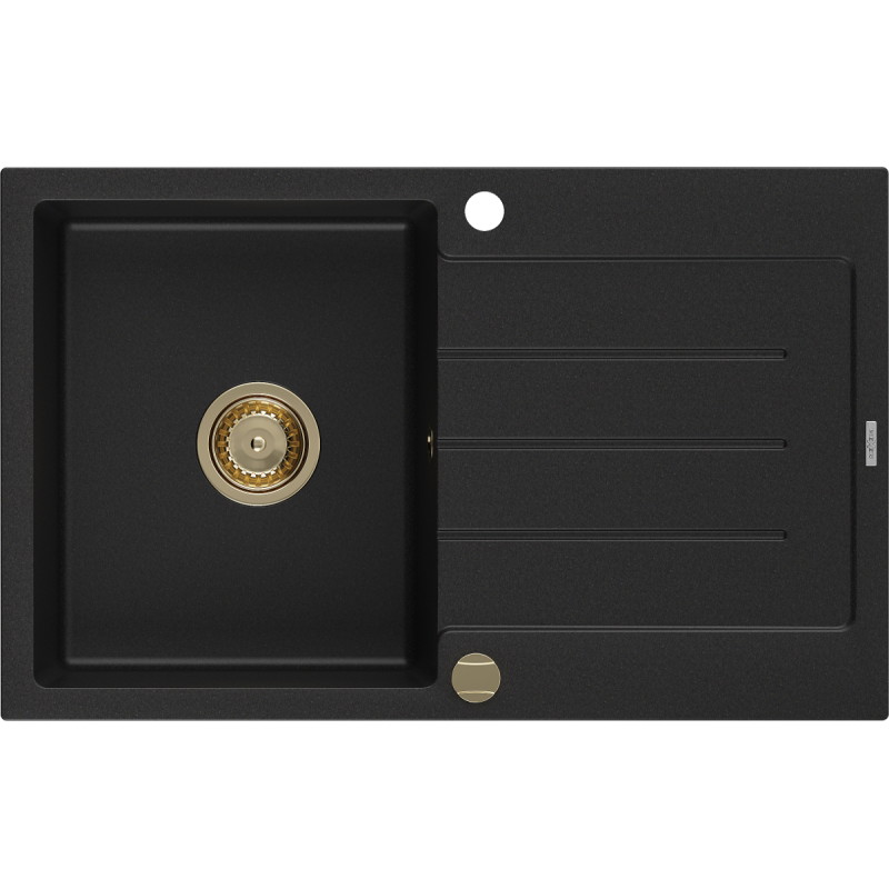 Mexen Bruno granite kitchen sink 1-bowl with drainer 795 x 495 mm, black, gold siphon - 6513791010-77-G