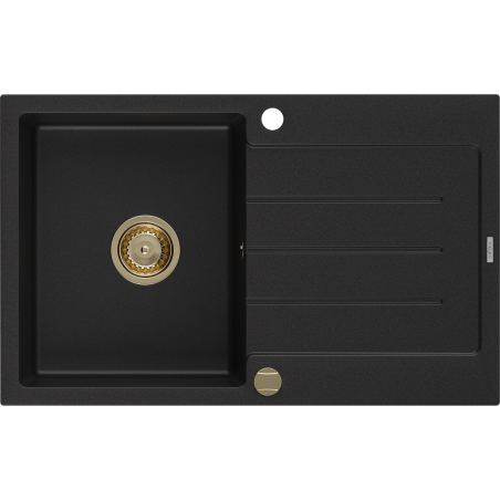 Mexen Bruno 1-compartment granite sink with a drip tray 795 x 495 mm, Black, siphon Gold - 6513791010-77-G