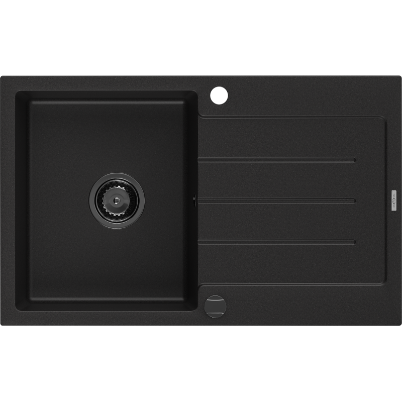 Mexen Bruno 1-compartment granite sink with a drip tray 795 x 495 mm, Black, siphon Black - 6513791010-77-B
