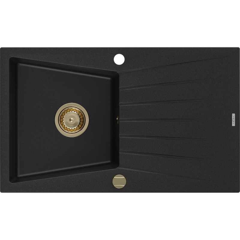 Mexen Cesar 1-compartment granite sink with a drip tray 775 x 470 mm, Black, siphon Gold - 6514771010-77-G