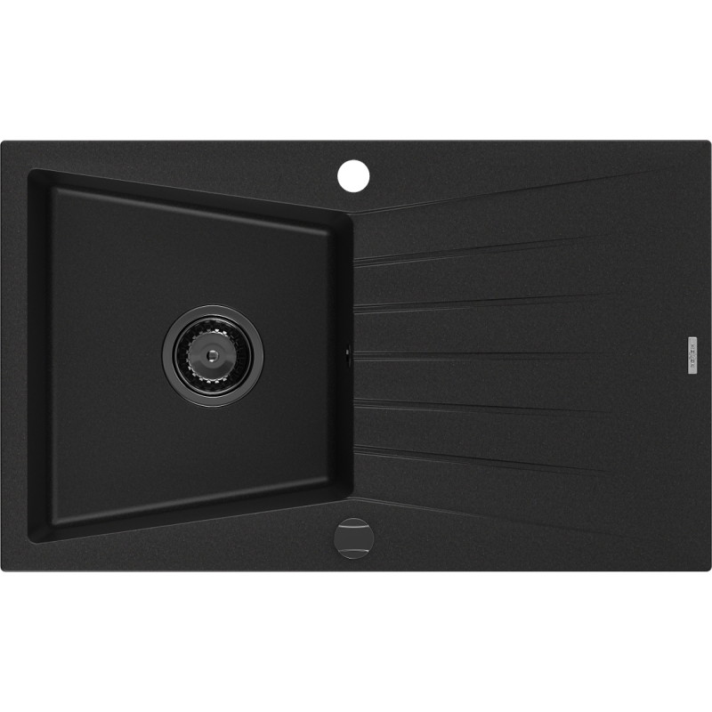 Mexen Cesar granite kitchen sink 1-bowl with drainer 775 x 470 mm, black, black siphon - 6514771010-77-B
