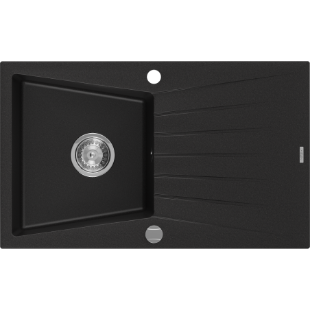 Mexen Cesar granite sink 1-bowl with drainer 775 x 470 mm, black, chrome siphon - 6514771010-77