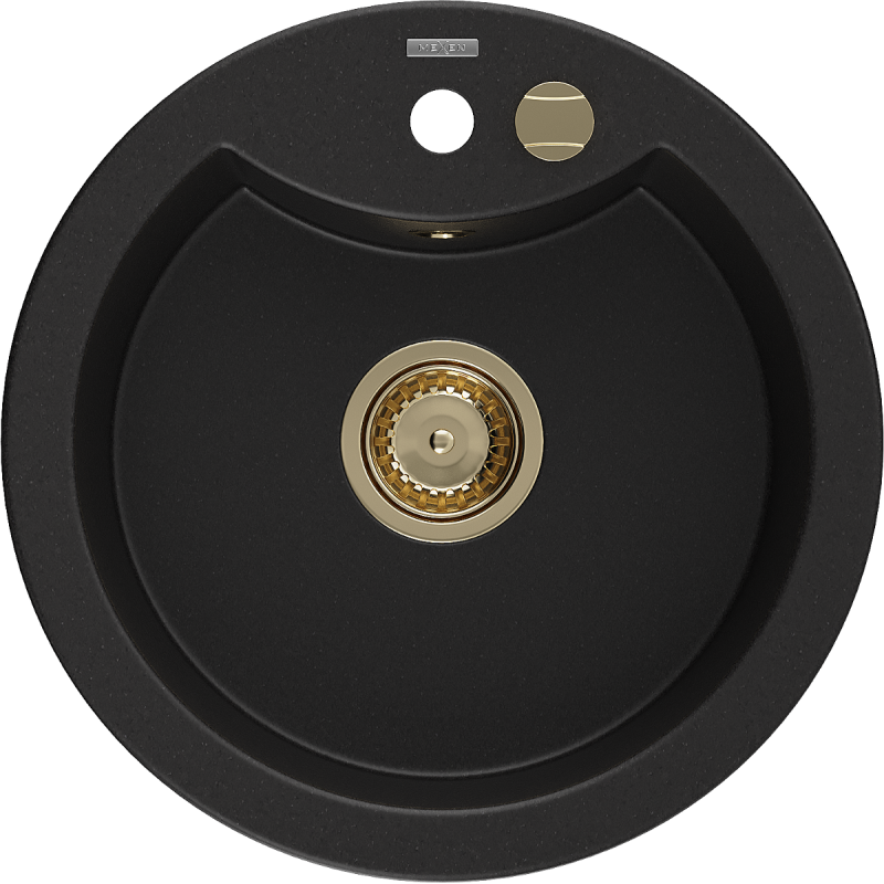 Mexen Diego 1-bowl Granite Kitchen Sink 488 x 480 mm, Black with Gold Waste - 6512481000-77-G