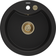 Mexen Diego granite kitchen sink 1-bowl 488 x 480 mm, black, gold siphon - 6512481000-77-G