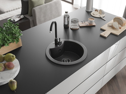 Mexen Diego granite sink 1-bowl 488 x 480 mm, black speckled, black siphon - 6512481000-76-B