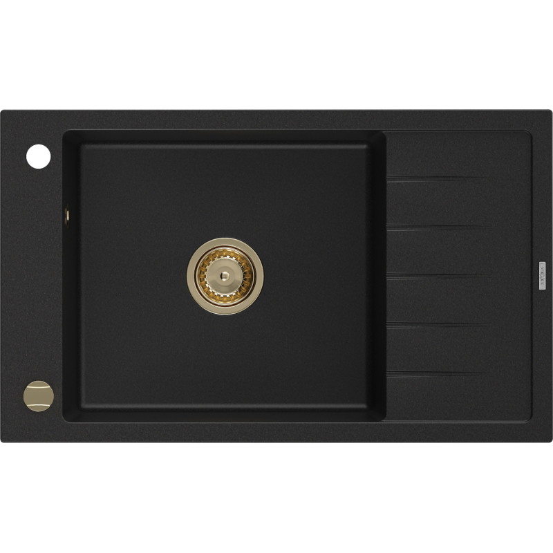 Mexen Elias 1-bowl granite kitchen sink with drainer 795 x 480 mm, black, gold siphon - 6511791005-77-G