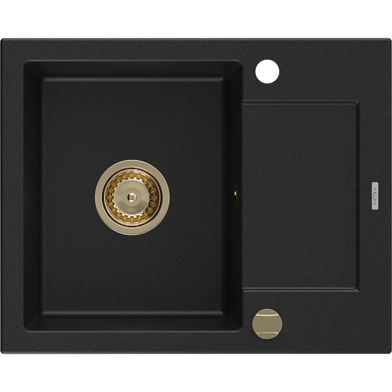 Mexen Enzo granite kitchen sink 1-bowl with drainer 576 x 465 mm, black, gold siphon - 6506571005-77-G