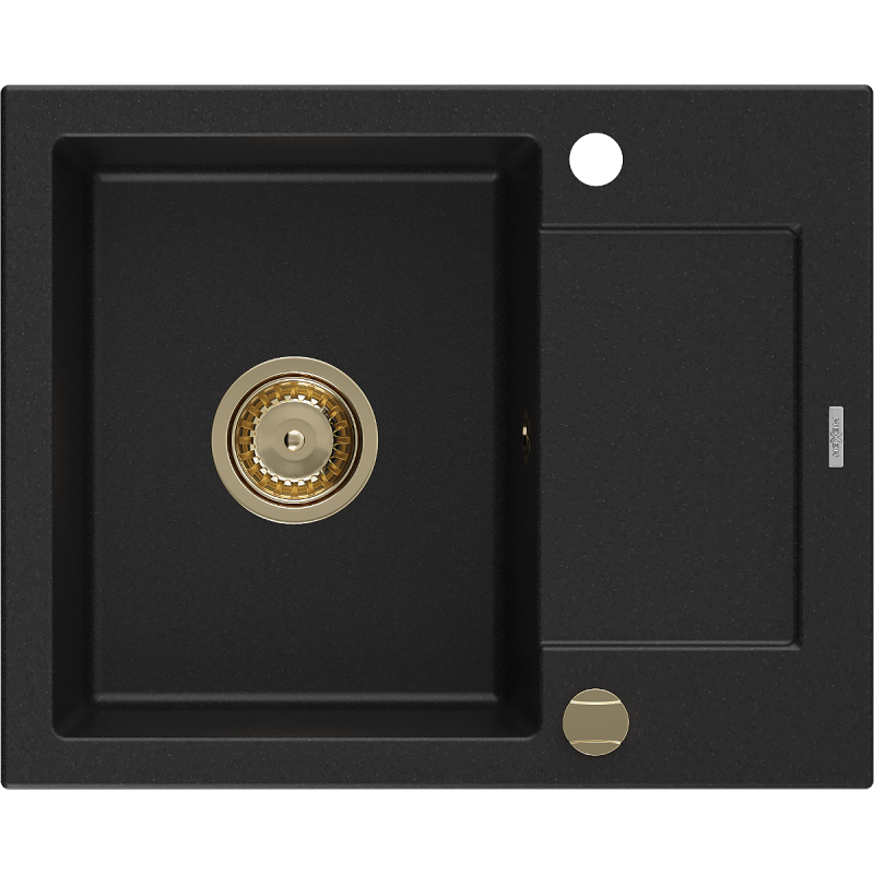 Mexen Enzo granite sink 1-bowl with drainer 576 x 465 mm, black, gold siphon - 6506571005-77-G