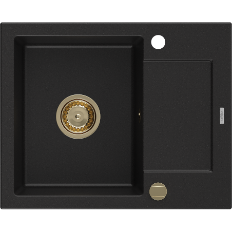 Mexen Enzo granite sink 1-bowl with drainer 576 x 465 mm, black, gold siphon - 6506571005-77-G