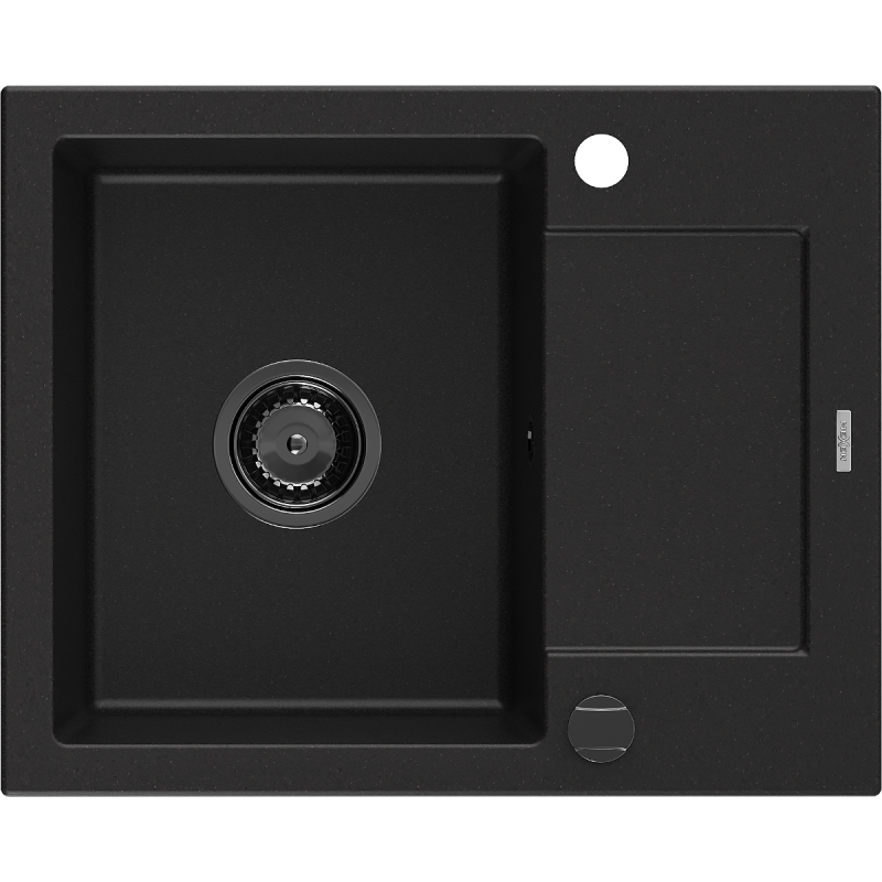Mexen Enzo 1-compartment granite sink with a drip tray 576 x 465 mm, Black, siphon Black - 6506571005-77-B