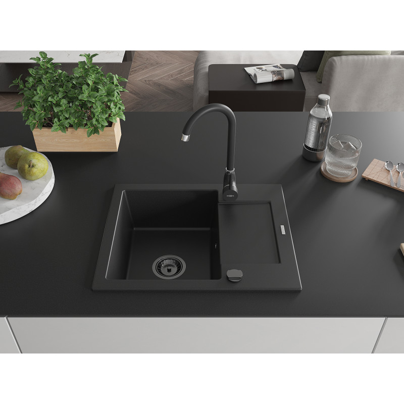 Mexen Enzo 1-bowl granite sink with drainer 576 x 465 mm, black, black siphon - 6506571005-77-B
