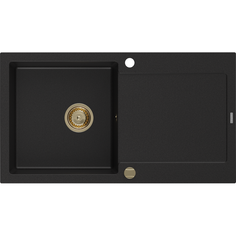 Mexen Leo granite kitchen sink with drainer 1-bowl 900 x 500 mm, black, golden siphon - 6501901010-77-G