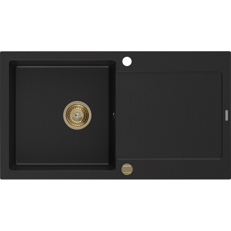 Mexen Leo granite sink, 1-bowl with drainer, 900 x 500 mm, black, gold siphon - 6501901010-77-G