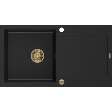 Mexen Leo granite kitchen sink with drainer 1-bowl 900 x 500 mm, black, golden siphon - 6501901010-77-G