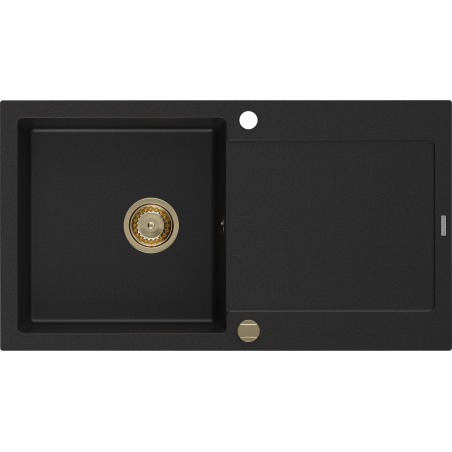 Mexen Leo granite sink, 1-bowl with drainer, 900 x 500 mm, black, gold siphon - 6501901010-77-G
