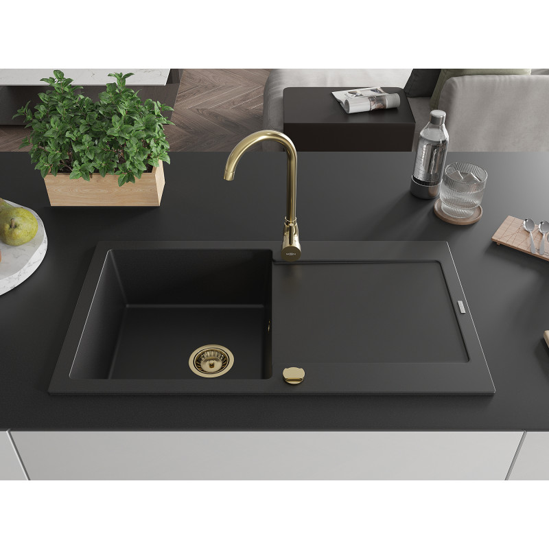 Mexen Leo granite sink, 1-bowl with drainer, 900 x 500 mm, black, gold siphon - 6501901010-77-G