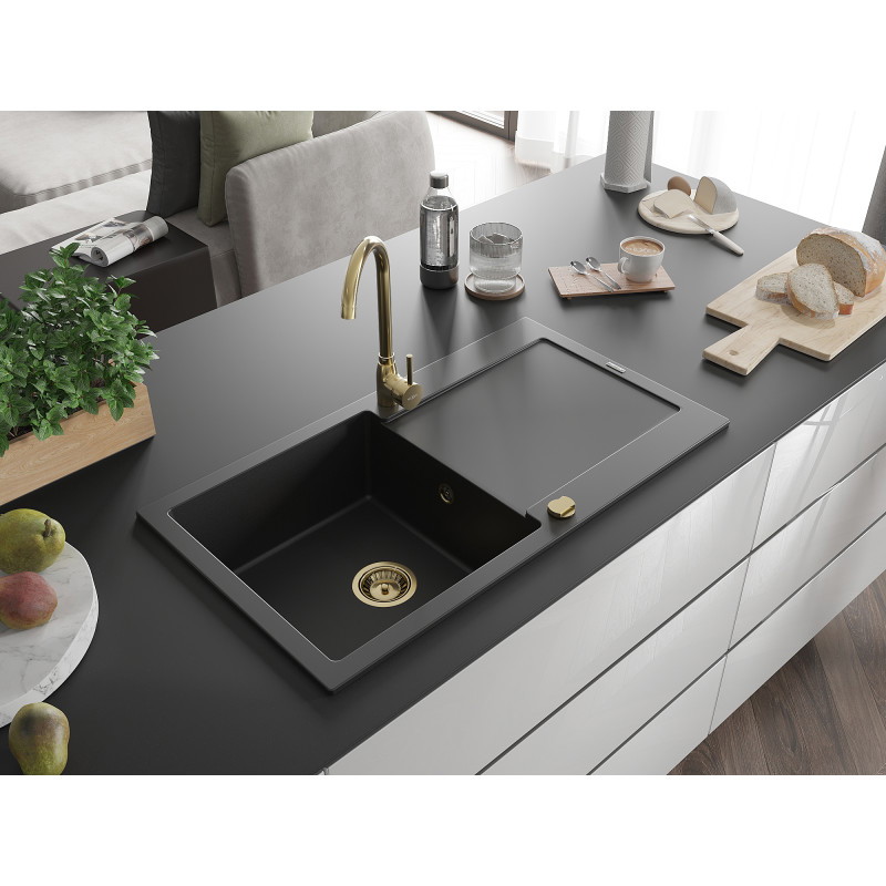 Mexen Leo granite sink, 1-bowl with drainer, 900 x 500 mm, black, gold siphon - 6501901010-77-G