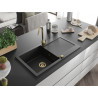 Mexen Leo granite sink, 1-bowl with drainer, 900 x 500 mm, black, gold siphon - 6501901010-77-G
