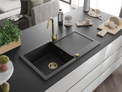 Mexen Leo granite sink, 1-bowl with drainer, 900 x 500 mm, black, gold siphon - 6501901010-77-G