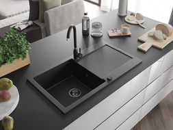 Mexen Leo 1-compartment granite sink with a drip tray 900 x 500 mm, Black, siphon Black - 6501901010-77-B