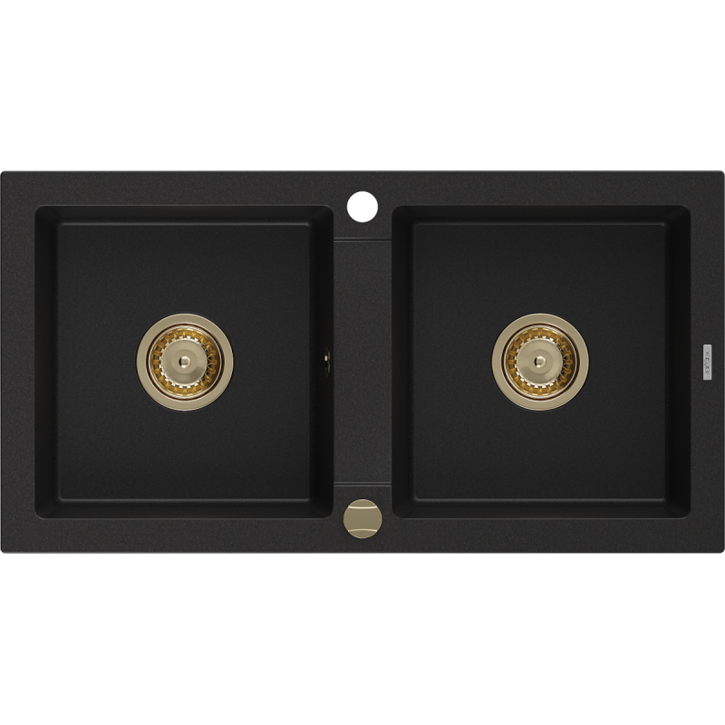 Mexen Mario granit sink 2-bowl 820 x 436 mm, black, golden siphon - 6504822000-77-G