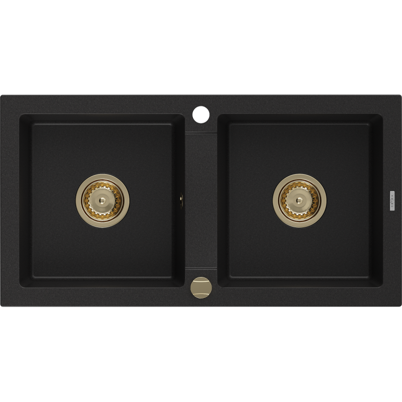 Mexen Mario granite kitchen sink 2-bowl 820 x 436 mm, black, siphon gold - 6504822000-77-G