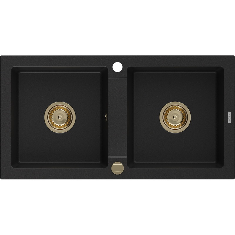 Mexen Mario granite sink 2-chamber 820 x 436 mm, black, gold siphon - 6504822000-77-G