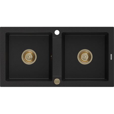 Mexen Mario granite kitchen sink 2-bowl 820 x 436 mm, black, siphon gold - 6504822000-77-G