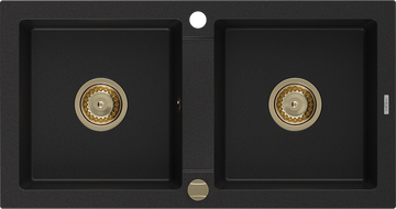 Mexen Mario granit sink 2-bowl 820 x 436 mm, black, golden siphon - 6504822000-77-G