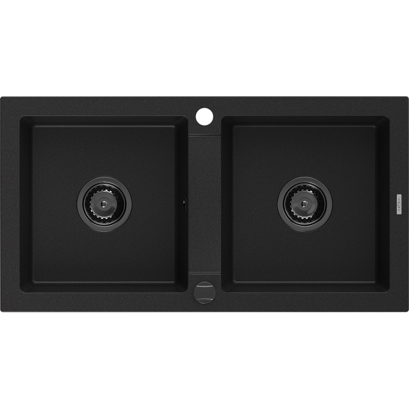 Mexen Mario granite double-bowl sink 820 x 436 mm, black, black siphon - 6504822000-77-B