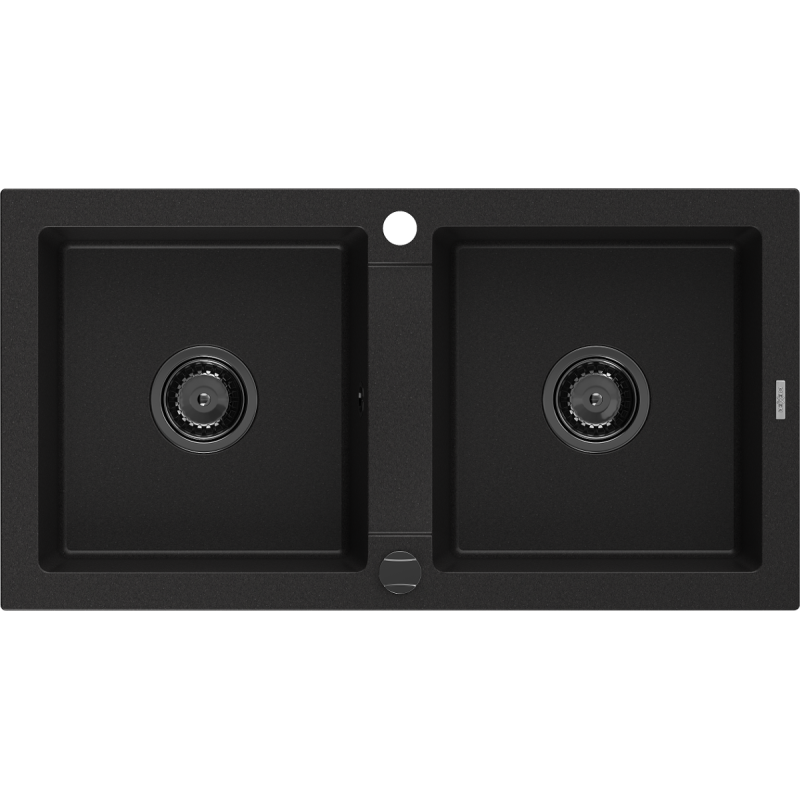 Mexen Mario granite sink 2-bowl 820 x 436 mm, black, black siphon - 6504822000-77-B