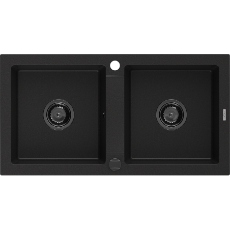 Mexen Mario granite double-bowl sink 820 x 436 mm, black, black siphon - 6504822000-77-B