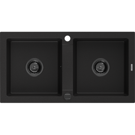 Mexen Mario granite sink 2-bowl 820 x 436 mm, black, black siphon - 6504822000-77-B
