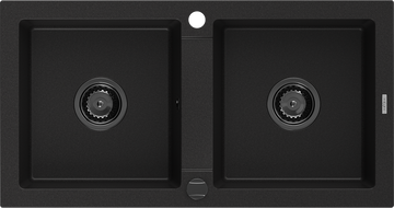 Mexen Mario granite double-bowl sink 820 x 436 mm, black, black siphon - 6504822000-77-B