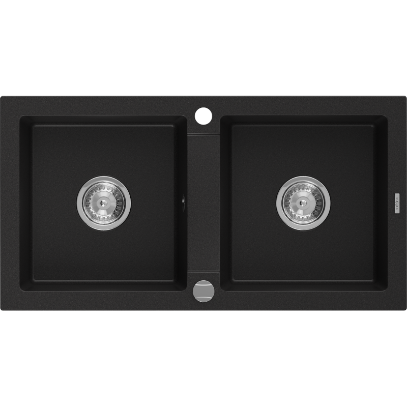 Mexen Mario 2-Bowl Granite Sink 820 x 436 mm, Black, Chrome Siphon - 6504822000-77