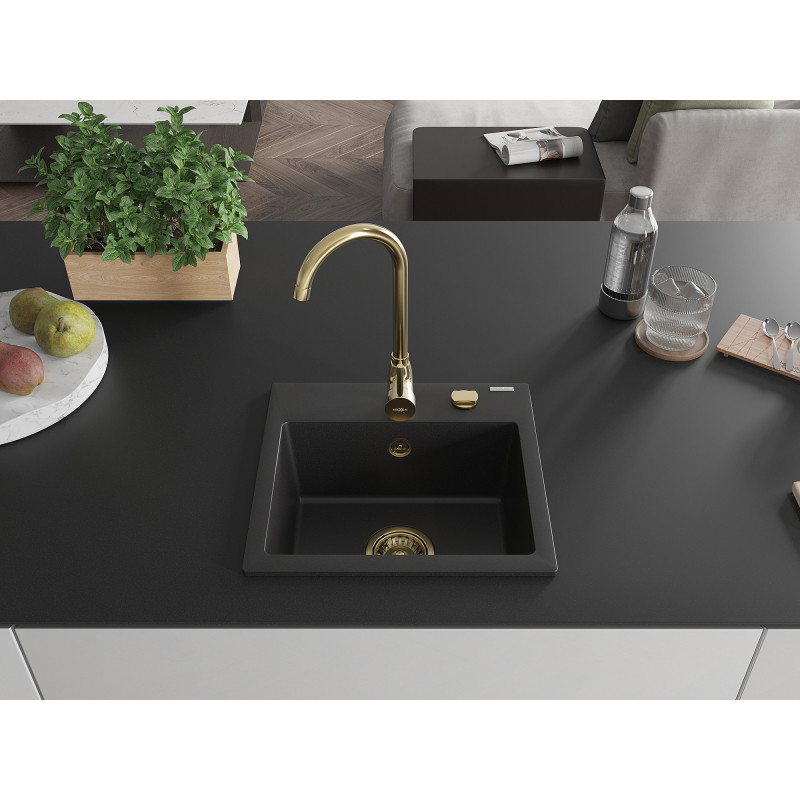 Mexen Milo granite kitchen sink 1-bowl 435 x 410 mm, black, gold siphon - 6505441000-77-G
