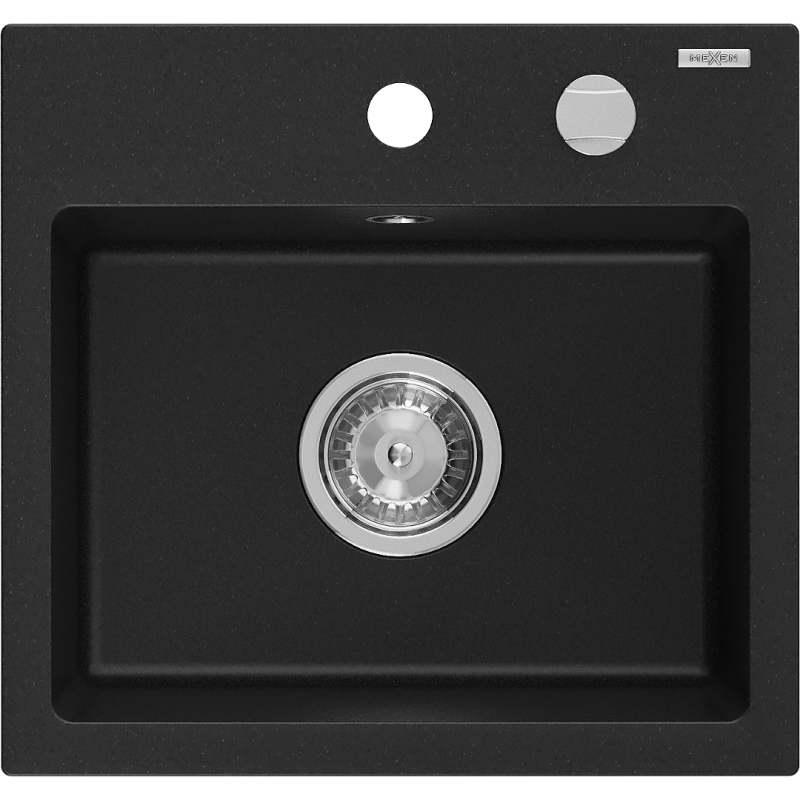 Mexen Milo Granite Sink 1-Bowl 435 x 410 mm, Black, Chrome Siphon - 6505441000-77
