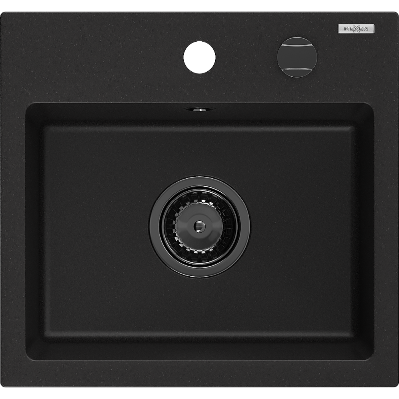 Mexen Milo Granite Sink 1-Bowl 435 x 410 mm, Black, Black Siphon - 6505441000-77-B