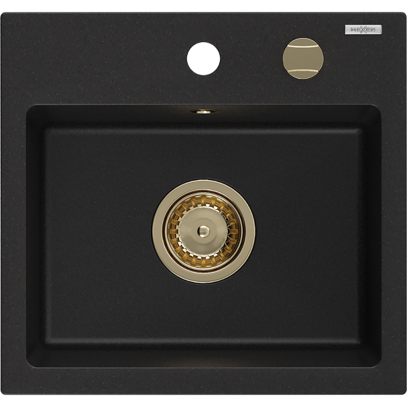 Mexen Milo granite sink 1-bowl 435 x 410 mm, black, gold siphon - 6505441000-77-G