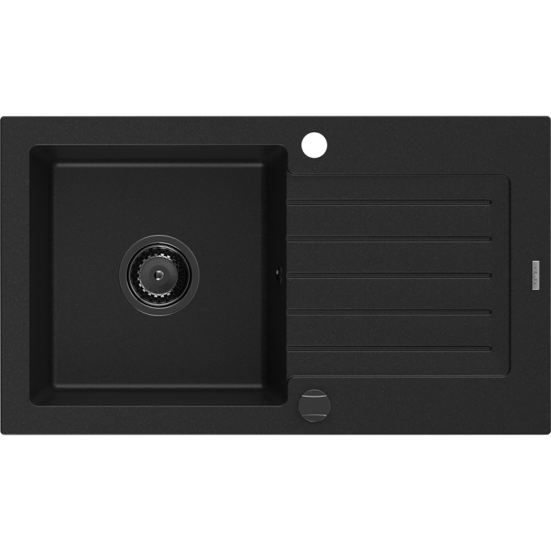Mexen Pablo granite kitchen sink with 1 bowl and drainer 752 x 436 mm, black, black siphon - 6510751010-77-B