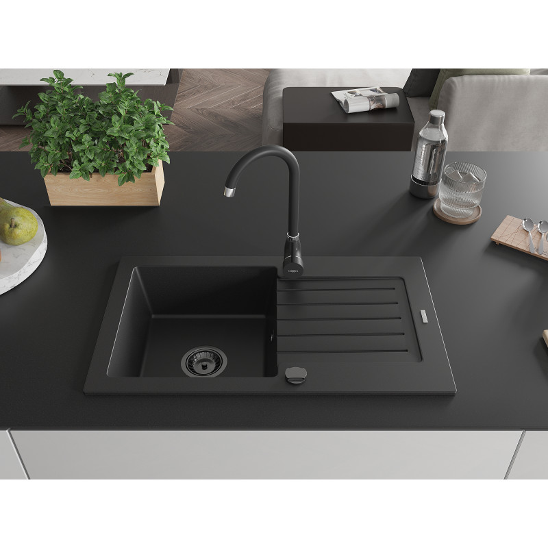 Mexen Pablo granite kitchen sink, 1-bowl with drainer, 752 x 436 mm, black, black siphon - 6510751010-77-B