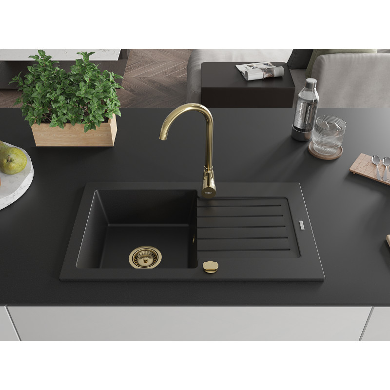 Mexen Pablo granite kitchen sink 1-bowl with drainer 752 x 436 mm, black, gold siphon - 6510751010-77-G