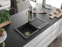 Mexen Pablo granite kitchen sink 1-bowl with drainer 752 x 436 mm, black, gold siphon - 6510751010-77-G