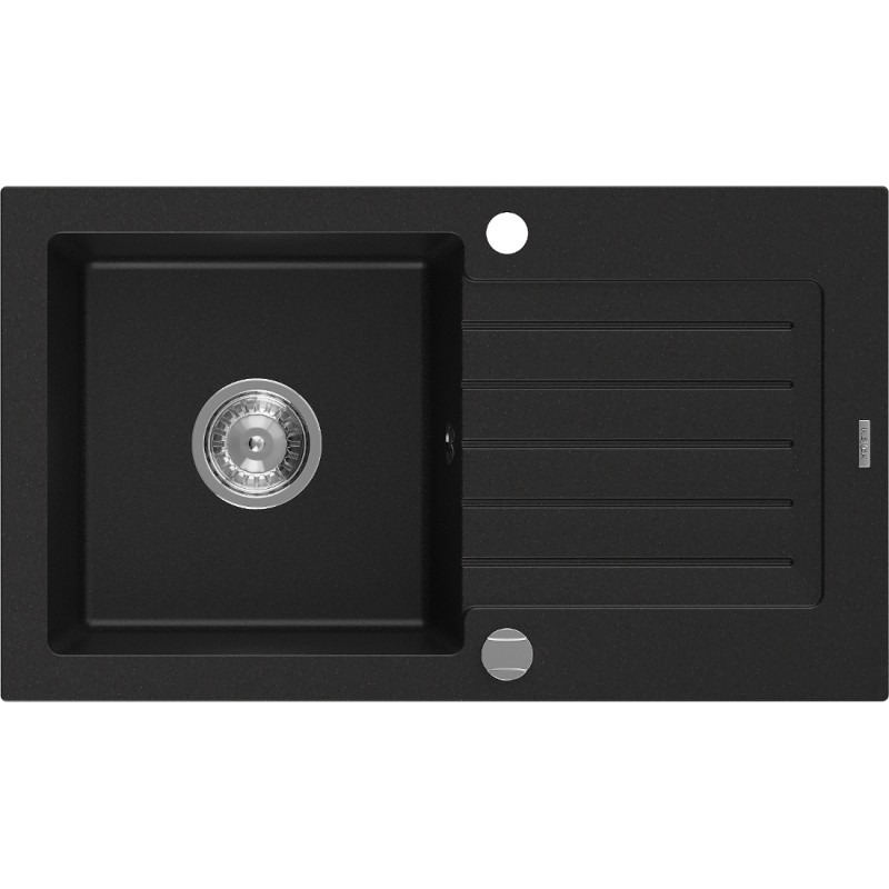 Mexen Pablo granite sink 1-bowl with drainer 752 x 436 mm, black, chrome siphon - 6510751010-77